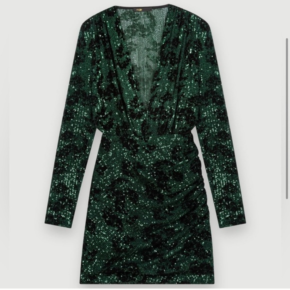Maje Green Sequin Mini Long Sleeve Dress - Picture 3 of 4